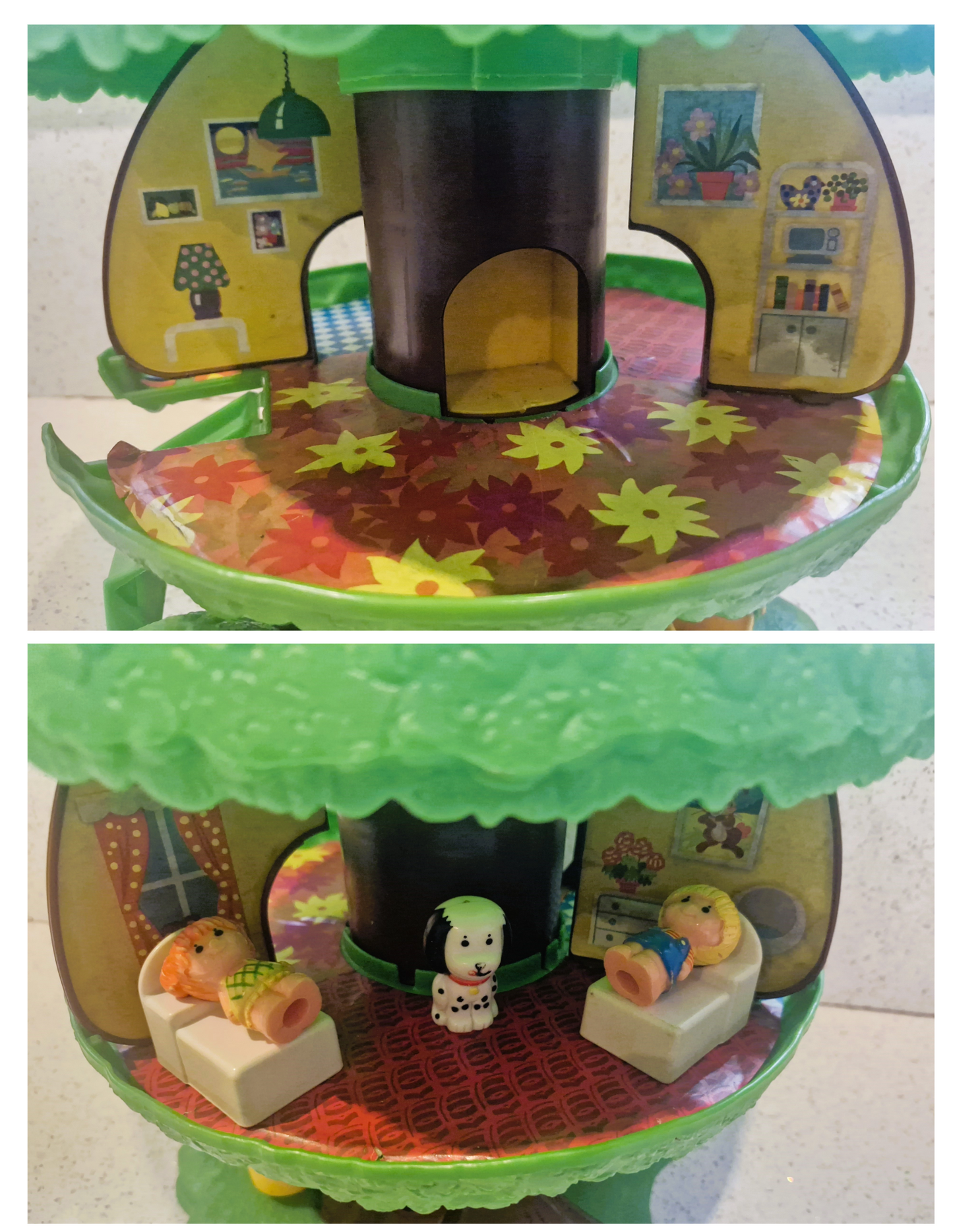 BARBARA - Royal Stuart Bone China Teacup Trio: Yellow Harlequin, Gold Gilt, 1950s + COMPLETE Palitoy Discovery Time Pop Up Tree House, Tree Tots Tree House with ALL Characters (Copy)