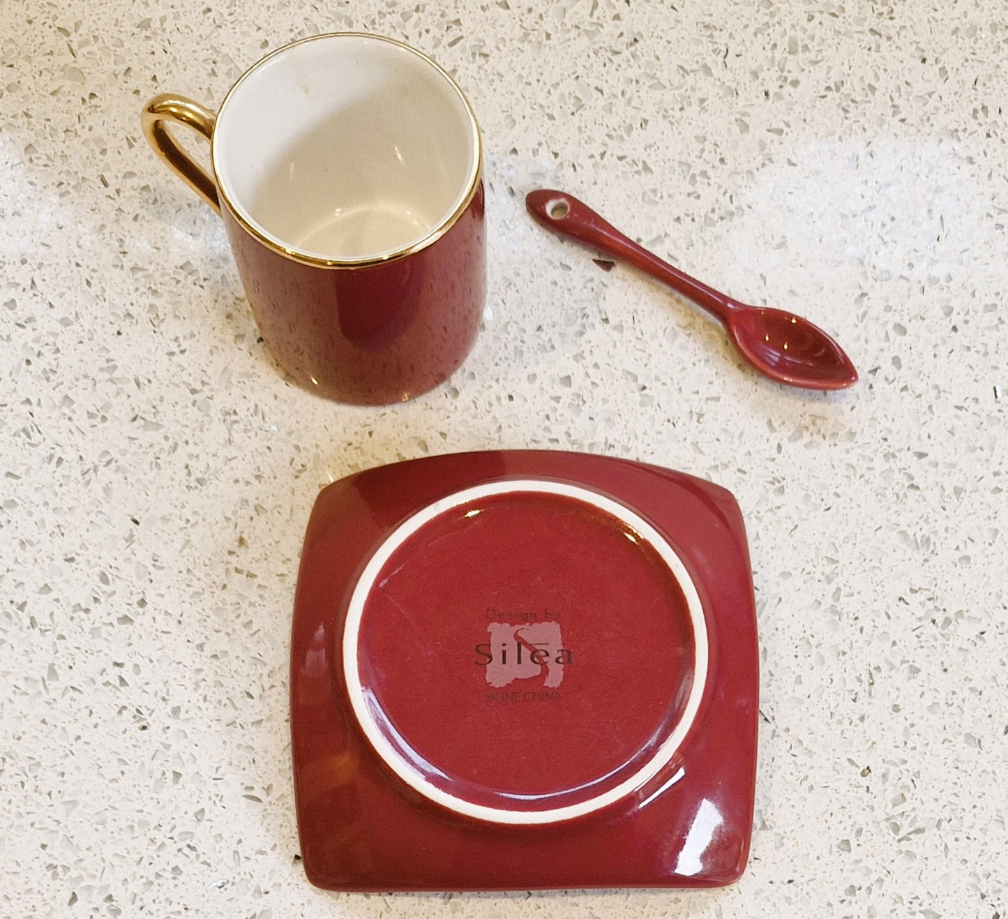 Silea Espresso Cup, Silea Espresso cups, Harlequin, Bone China, Red, Espresso Cup, Vintage, Gold, Gilt, with spoon