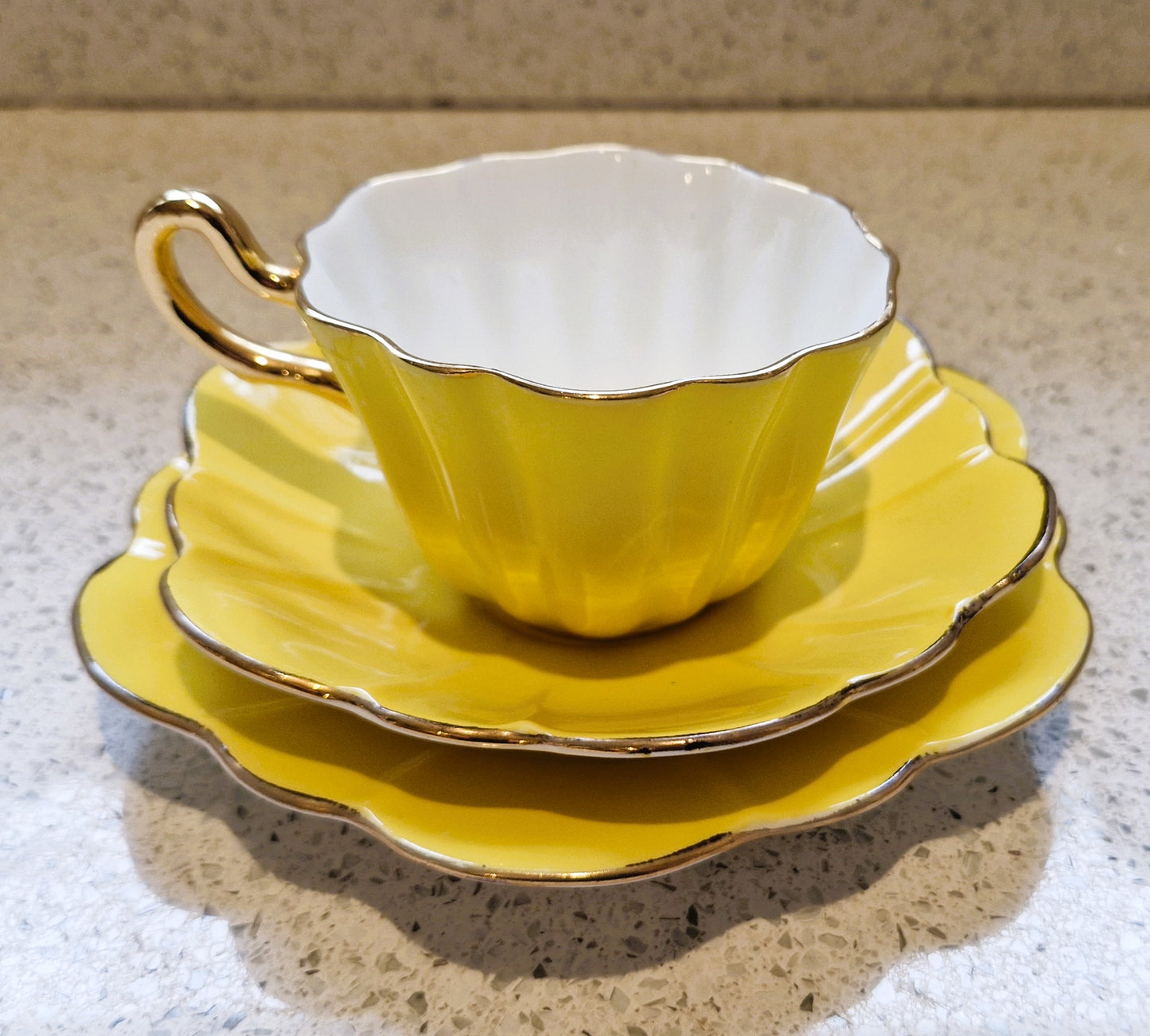 Royal Stuart Spencer Stevenson, Harlequin Teacup Trio, Harlequin, Teacup, Plate, Saucer, Yellow, Gold, Gilt, Gilding, Bone China, 1950s