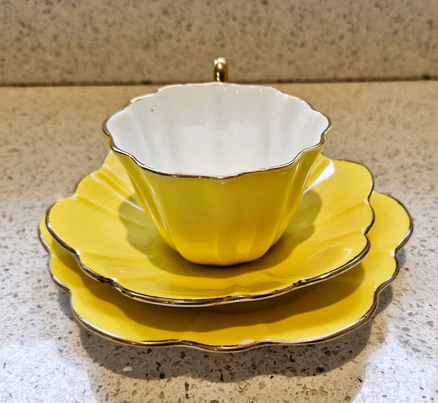 Royal Stuart Spencer Stevenson, Harlequin Teacup Trio, Harlequin, Teacup, Plate, Saucer, Yellow, Gold, Gilt, Gilding, Bone China, 1950s