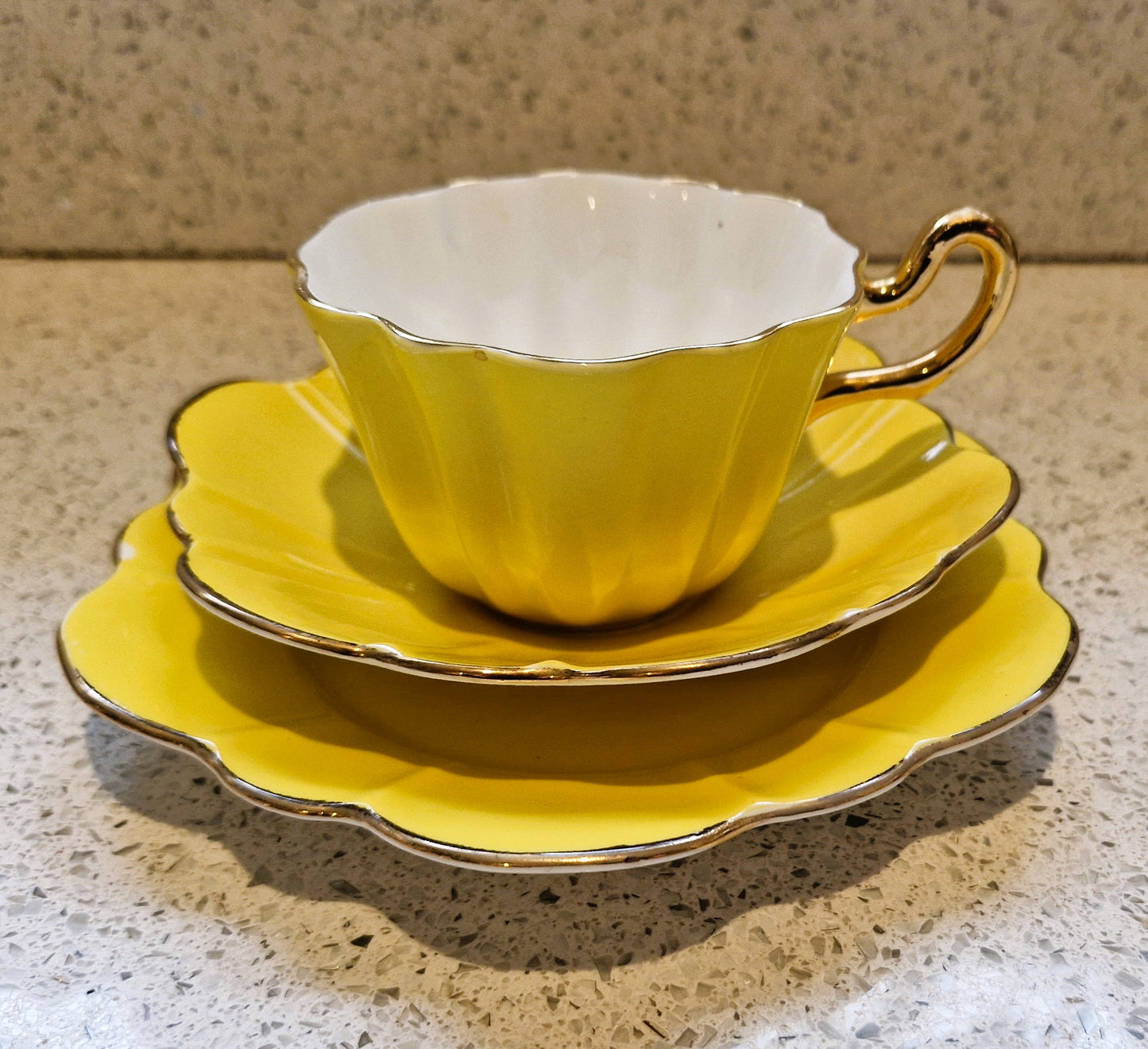 Royal Stuart Spencer Stevenson, Harlequin Teacup Trio, Harlequin, Teacup, Plate, Saucer, Yellow, Gold, Gilt, Gilding, Bone China, 1950s