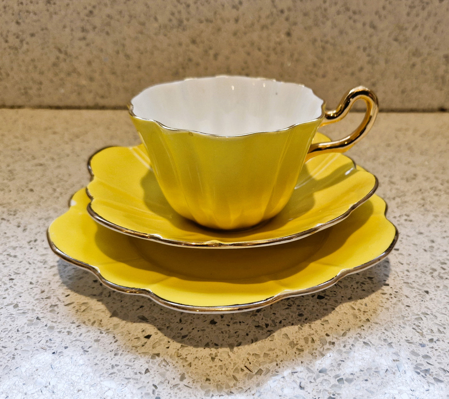 Royal Stuart Spencer Stevenson, Harlequin Teacup Trio, Harlequin, Teacup, Plate, Saucer, Yellow, Gold, Gilt, Gilding, Bone China, 1950s