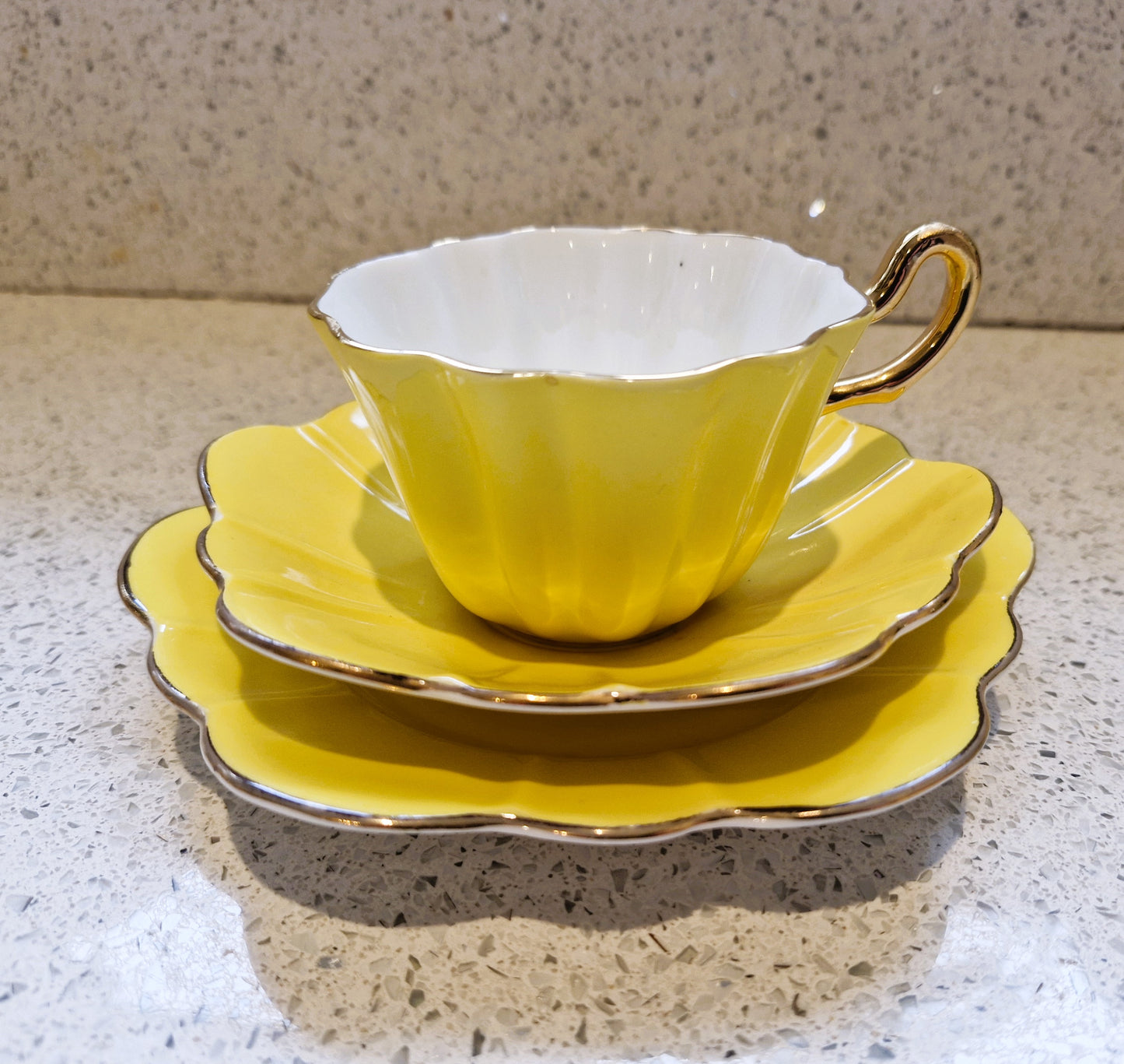 Royal Stuart Spencer Stevenson, Harlequin Teacup Trio, Harlequin, Teacup, Plate, Saucer, Yellow, Gold, Gilt, Gilding, Bone China, 1950s