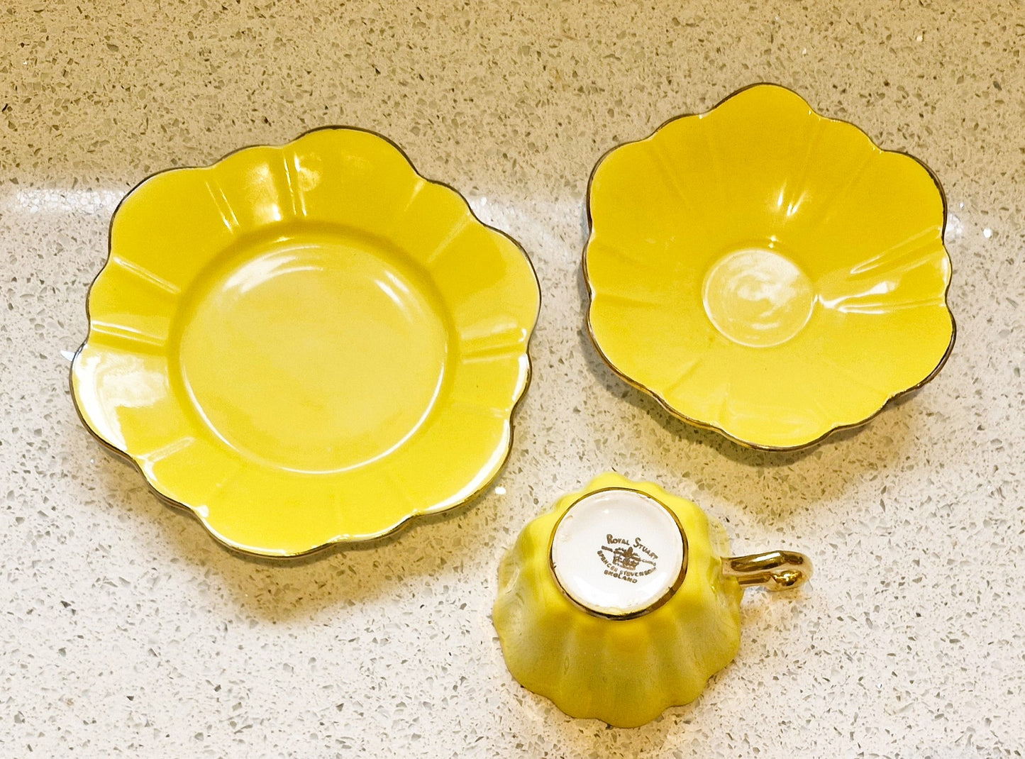 Royal Stuart Spencer Stevenson, Harlequin Teacup Trio, Harlequin, Teacup, Plate, Saucer, Yellow, Gold, Gilt, Gilding, Bone China, 1950s