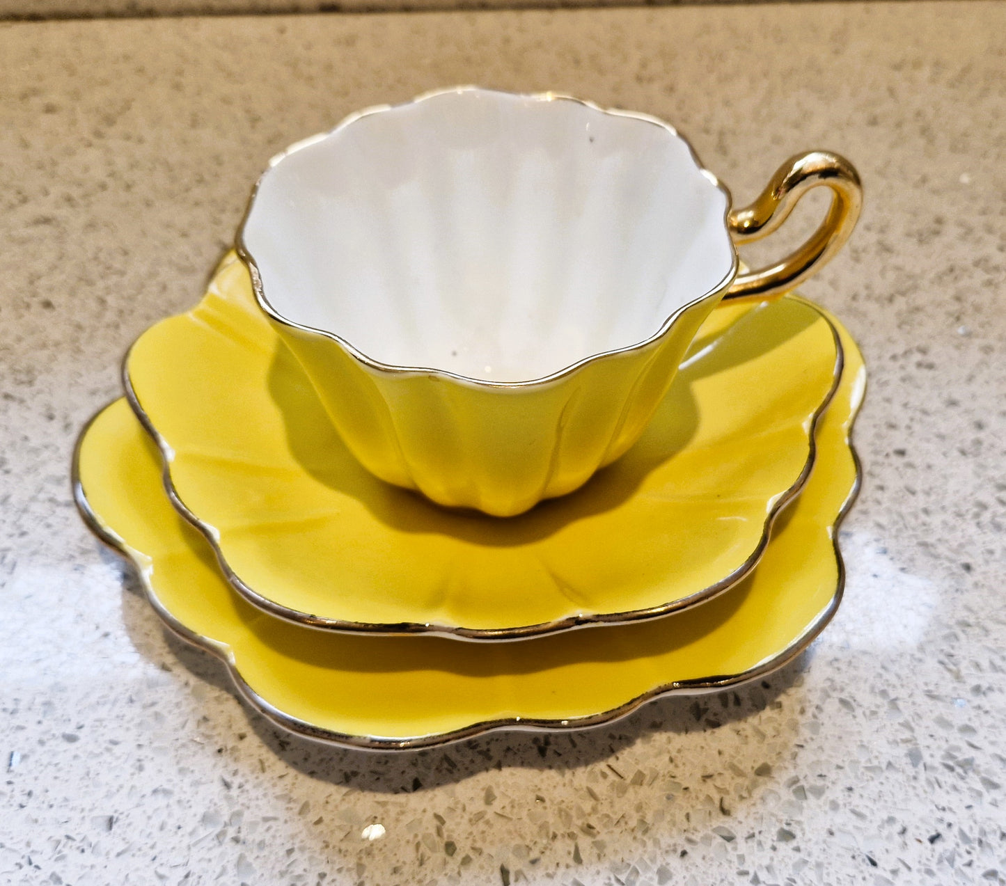 Royal Stuart Spencer Stevenson, Harlequin Teacup Trio, Harlequin, Teacup, Plate, Saucer, Yellow, Gold, Gilt, Gilding, Bone China, 1950s