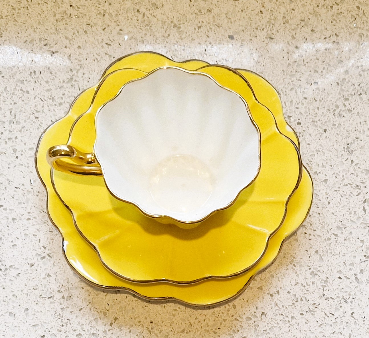 Royal Stuart Spencer Stevenson, Harlequin Teacup Trio, Harlequin, Teacup, Plate, Saucer, Yellow, Gold, Gilt, Gilding, Bone China, 1950s