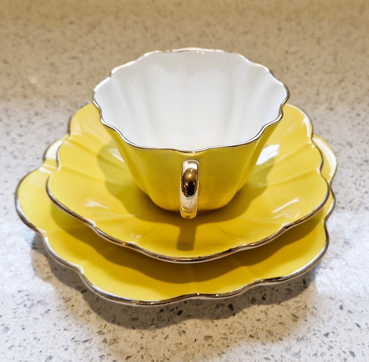 Royal Stuart Spencer Stevenson, Harlequin Teacup Trio, Harlequin, Teacup, Plate, Saucer, Yellow, Gold, Gilt, Gilding, Bone China, 1950s