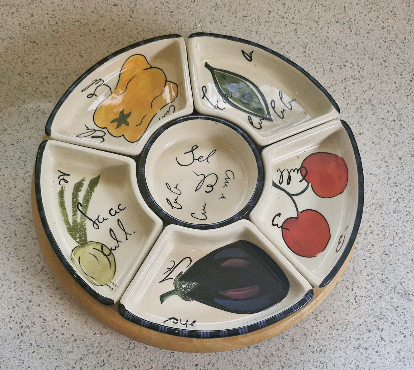 Vintage Lazy Susan, Tapas, Lazy Susan, Ceramic, Tapas, Dips, Crudities, Olives, Wooden, Aubergine, Very Good condition, complete