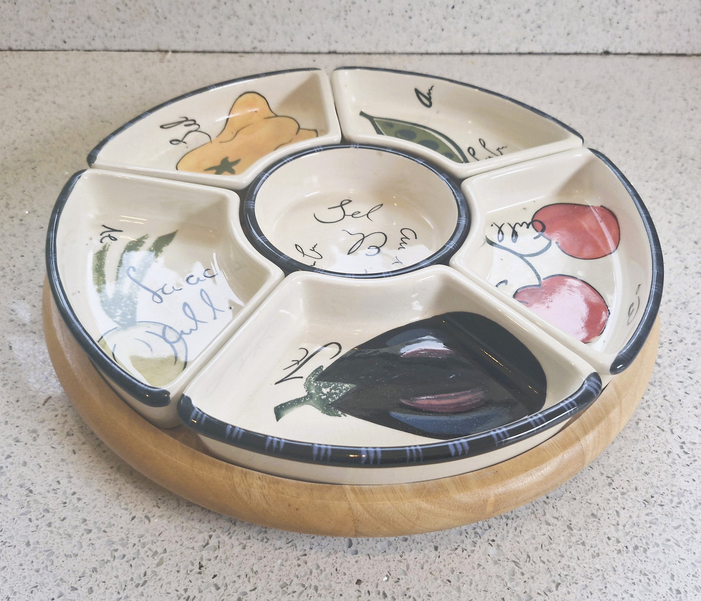 Vintage Lazy Susan, Tapas, Lazy Susan, Ceramic, Tapas, Dips, Crudities, Olives, Wooden, Aubergine, Very Good condition, complete