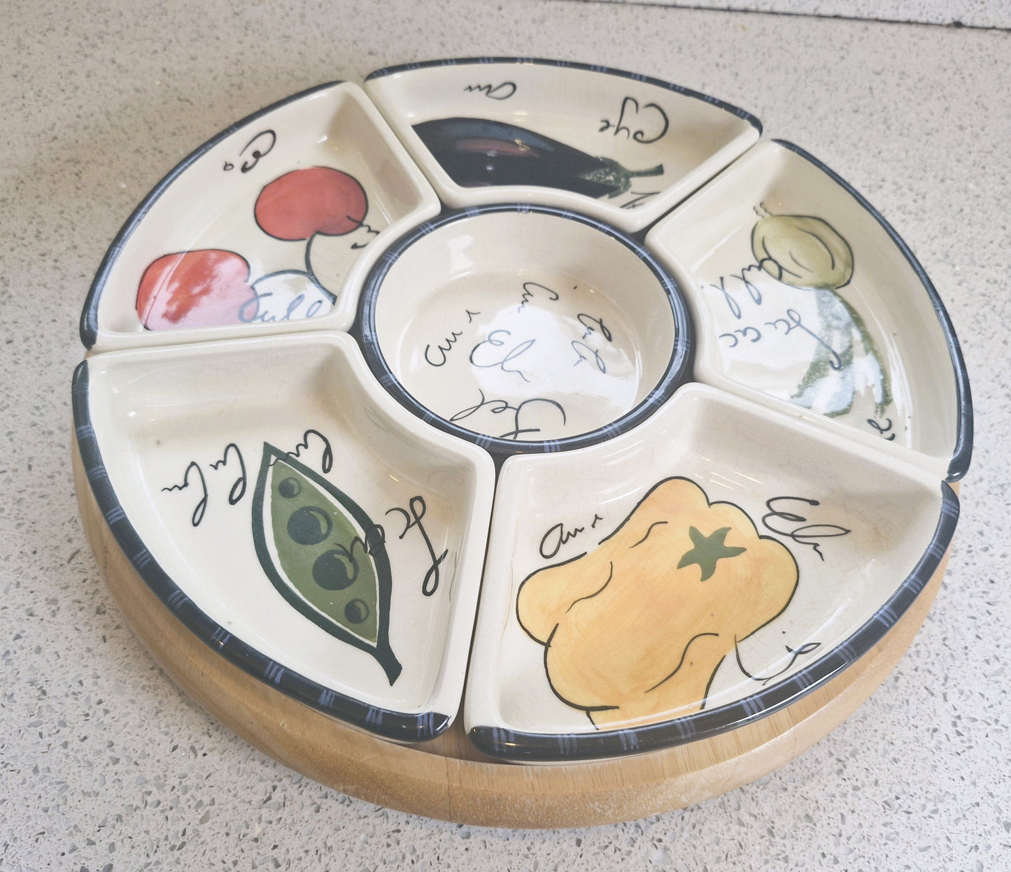 Vintage Lazy Susan, Tapas, Lazy Susan, Ceramic, Tapas, Dips, Crudities, Olives, Wooden, Aubergine, Very Good condition, complete