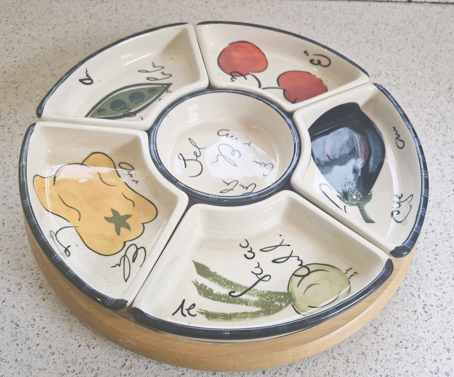 Vintage Lazy Susan, Tapas, Lazy Susan, Ceramic, Tapas, Dips, Crudities, Olives, Wooden, Aubergine, Very Good condition, complete