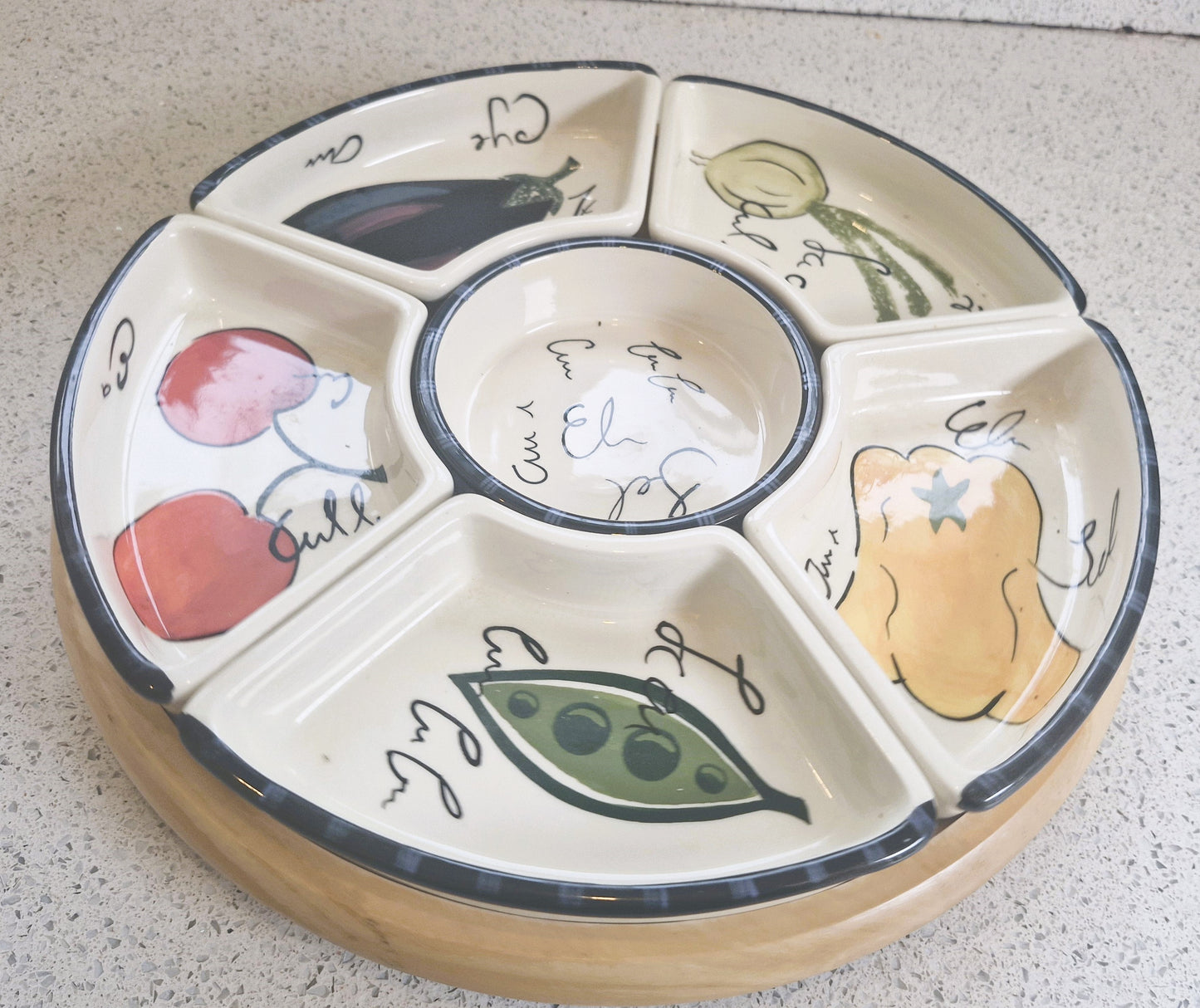 Vintage Lazy Susan, Tapas, Lazy Susan, Ceramic, Tapas, Dips, Crudities, Olives, Wooden, Aubergine, Very Good condition, complete