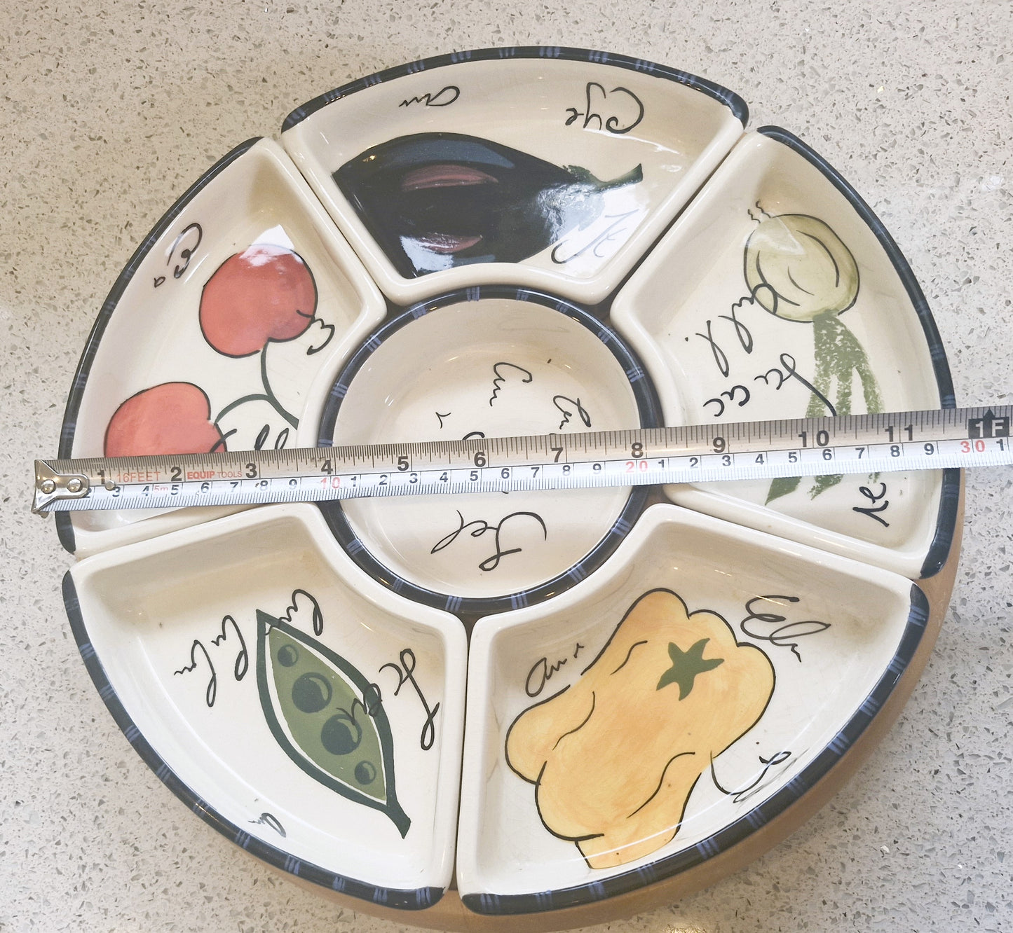 Vintage Lazy Susan, Tapas, Lazy Susan, Ceramic, Tapas, Dips, Crudities, Olives, Wooden, Aubergine, Very Good condition, complete