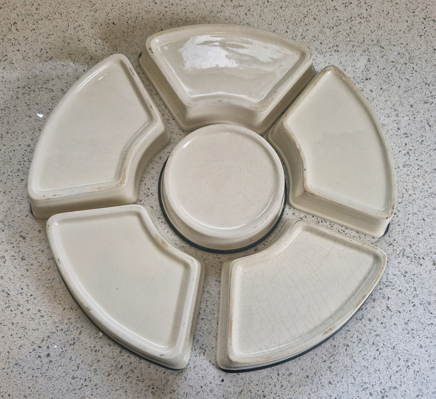Vintage Lazy Susan, Tapas, Lazy Susan, Ceramic, Tapas, Dips, Crudities, Olives, Wooden, Aubergine, Very Good condition, complete