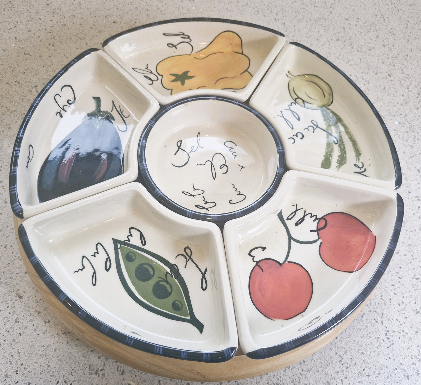 Vintage Lazy Susan, Tapas, Lazy Susan, Ceramic, Tapas, Dips, Crudities, Olives, Wooden, Aubergine, Very Good condition, complete