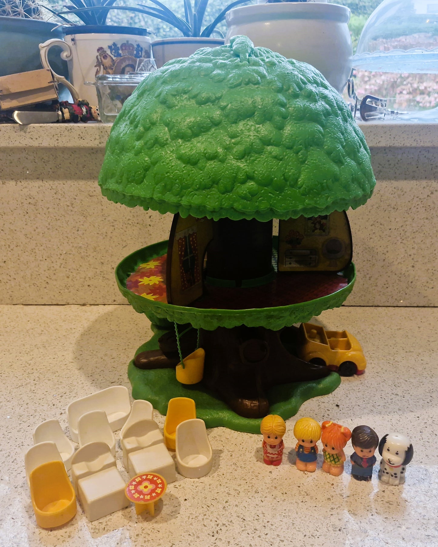 BARBARA - Royal Stuart Bone China Teacup Trio: Yellow Harlequin, Gold Gilt, 1950s + COMPLETE Palitoy Discovery Time Pop Up Tree House, Tree Tots Tree House with ALL Characters (Copy)