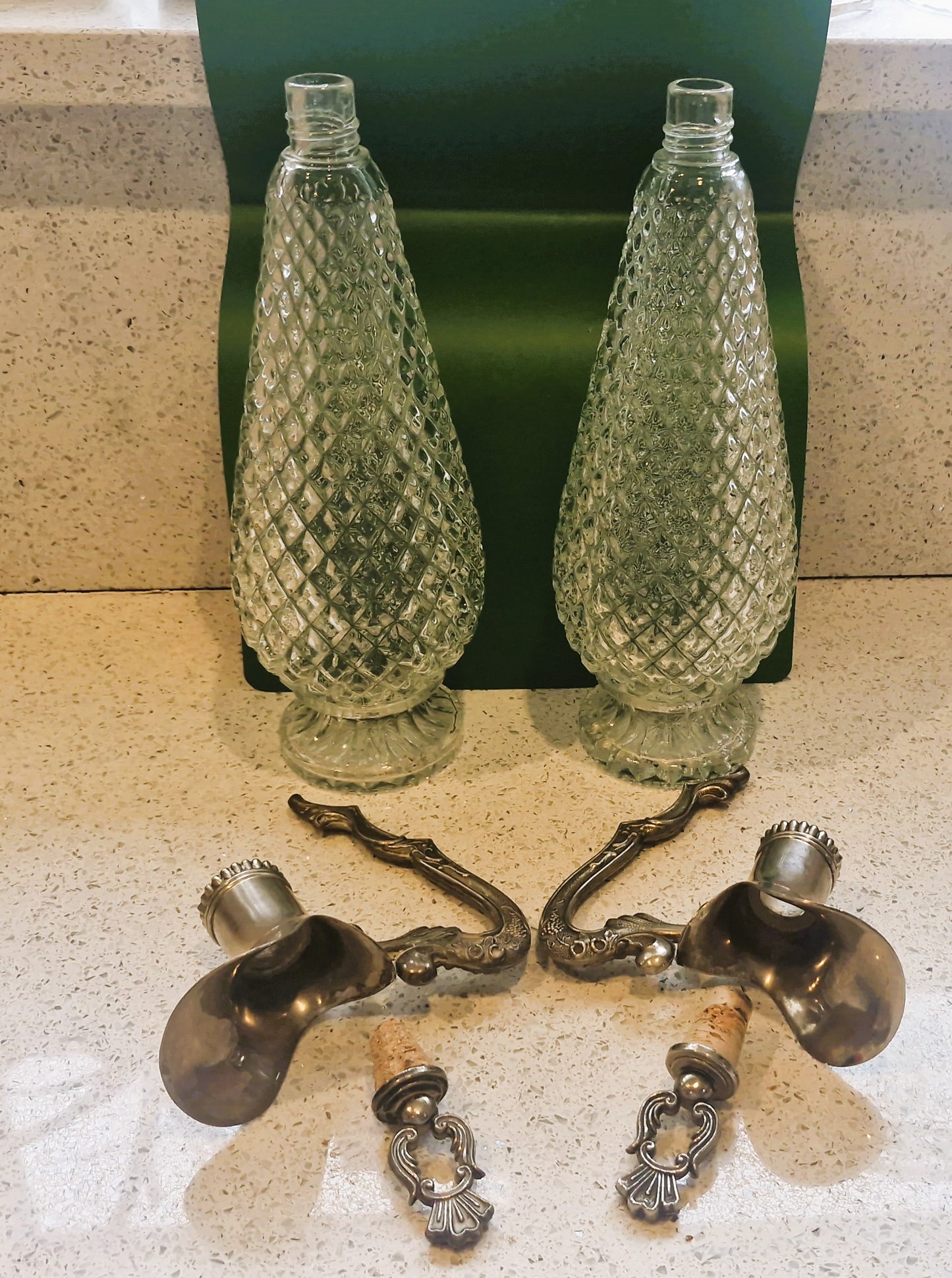 Vintage Cut Glass Wine Decanters: Art Deco Silver Pewter, Matching Pair of WIne Decanters, Italian, Vintage, Rare