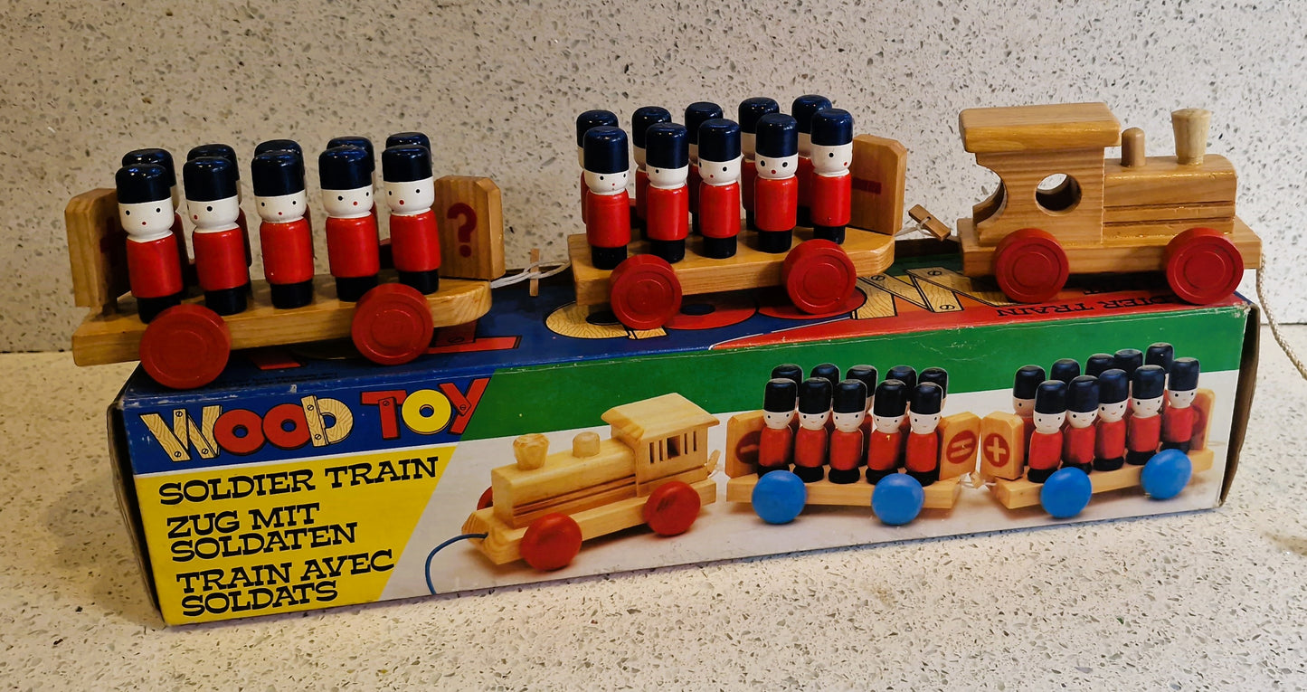 Vintage Wooden Train with wooden soldiers, Queens Guard, Pull along, Very good condition, original Packaging, circa 1986