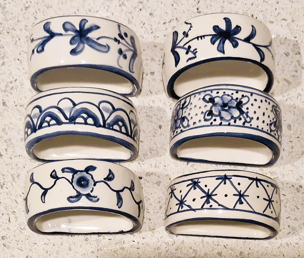 Vintage Williams Sonoma Ceramic Napkin Rings: Blue Floral Hand-Painted