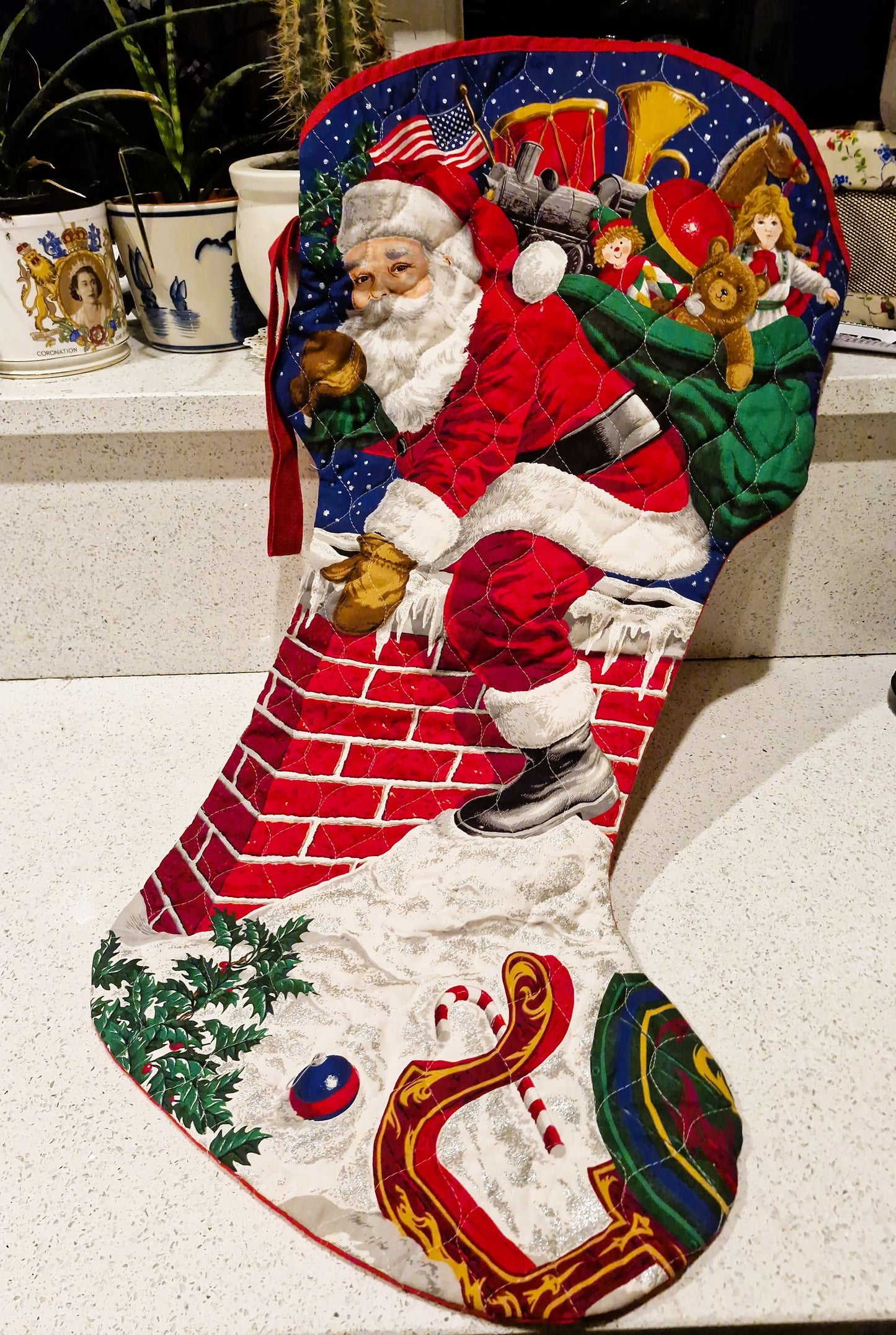 Large Vintage Christmas Stocking, Santa on Chimney, Handmade Christmas Stocking, Large Xmas Stocking, Vintage Christmas Stocking, RARE, 80s