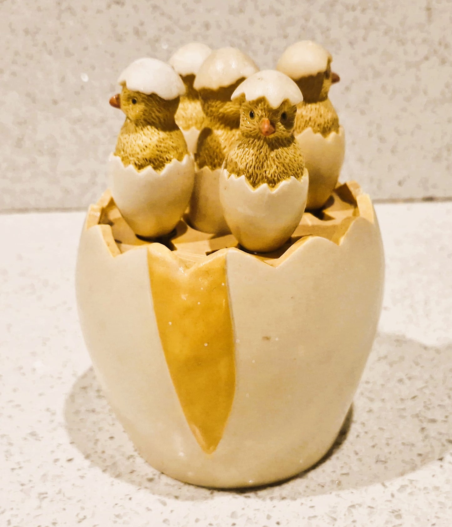 Vintage, Sagaform, Cracked Egg Teaspoons and Cracked Egg Teaspoon holder, with original Salt shaker Chick, Complete