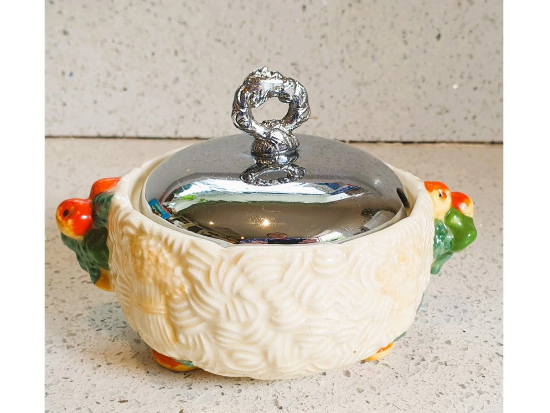 1930s, Original, Clarice Cliff, Celtic Harvest, preserve pot, Sugar Bowl, circa 1936 relief moulded with corn, Very Good Condition, Signed