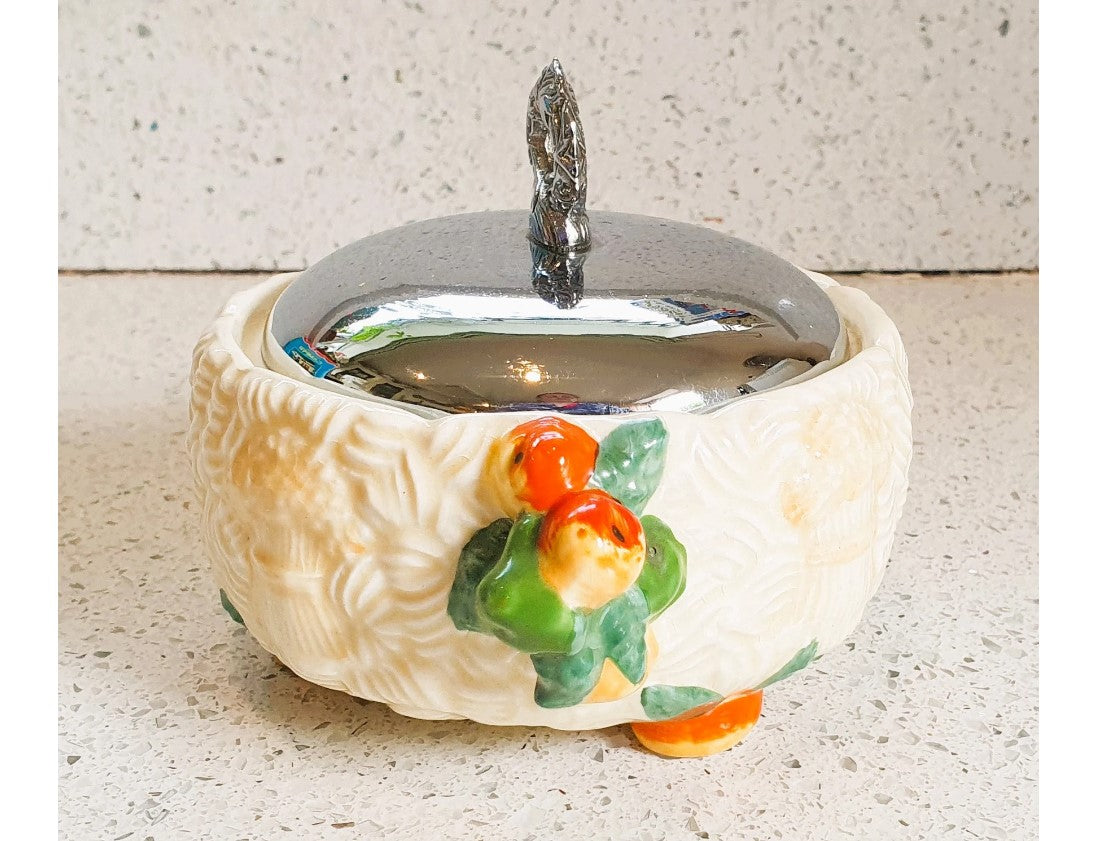 1930s, Original, Clarice Cliff, Celtic Harvest, preserve pot, Sugar Bowl, circa 1936 relief moulded with corn, Very Good Condition, Signed