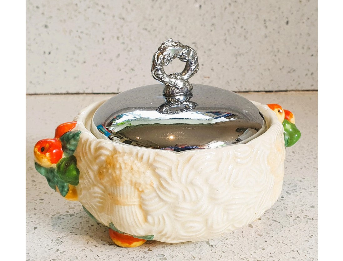 1930s, Original, Clarice Cliff, Celtic Harvest, preserve pot, Sugar Bowl, circa 1936 relief moulded with corn, Very Good Condition, Signed