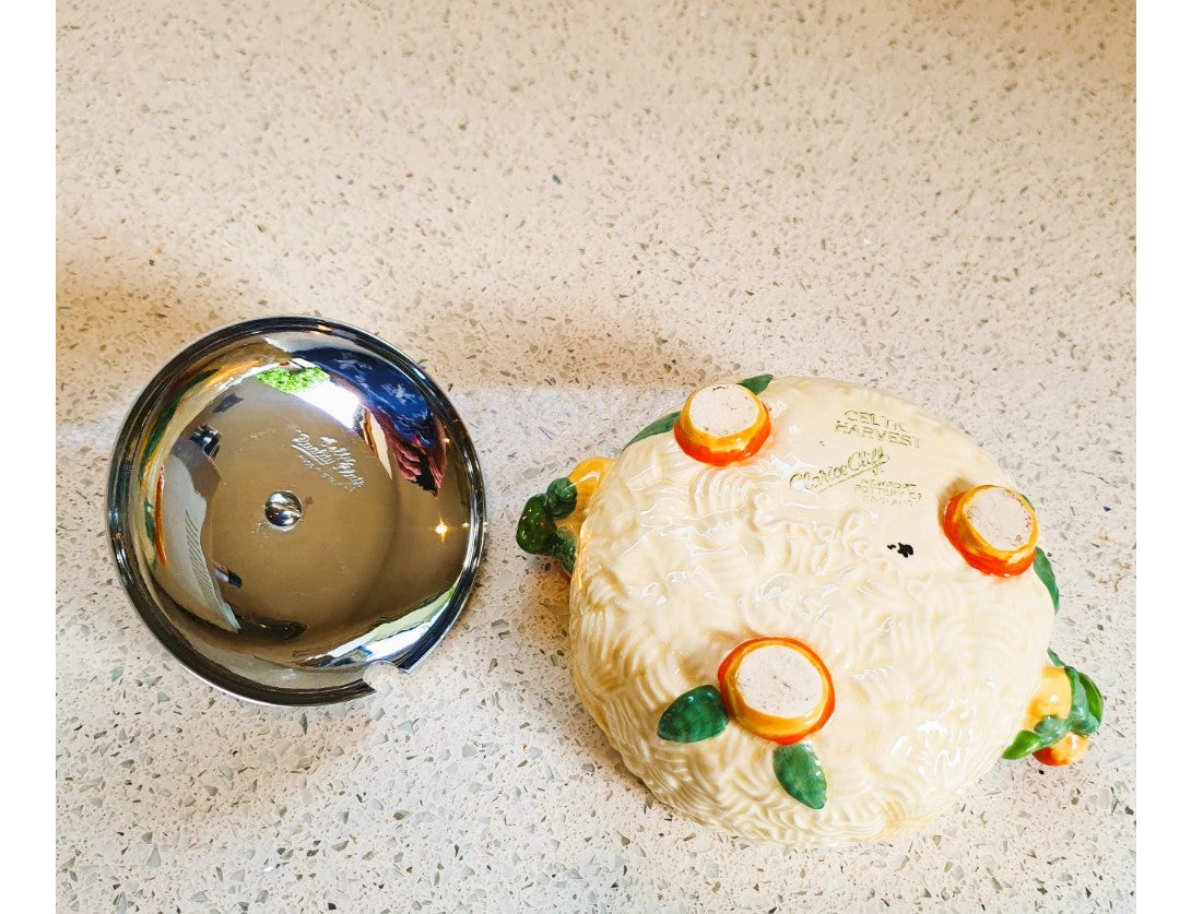 1930s, Original, Clarice Cliff, Celtic Harvest, preserve pot, Sugar Bowl, circa 1936 relief moulded with corn, Very Good Condition, Signed
