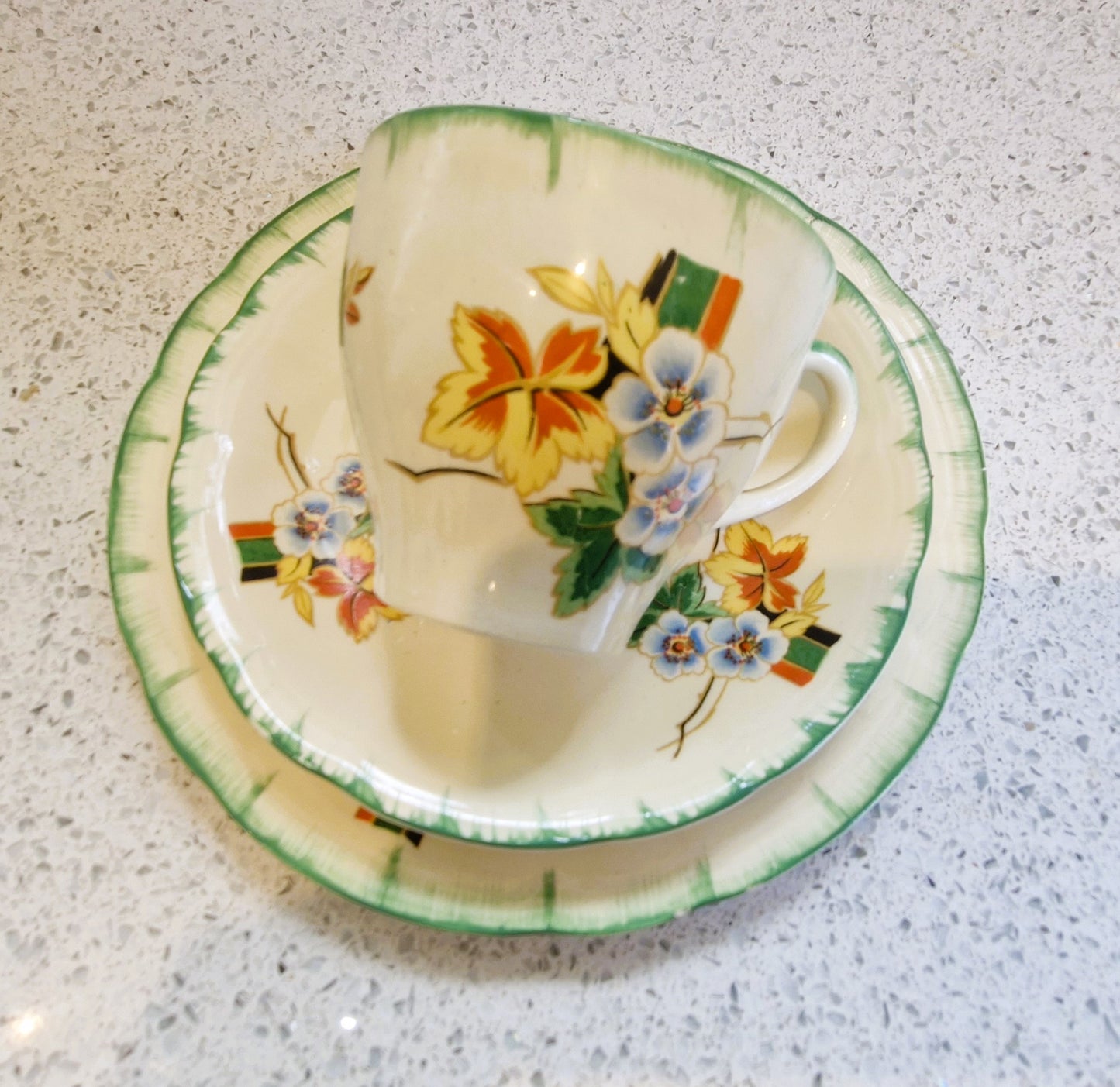 Art Deco Hand Painted Tea Cup trio, Art Deco Hand Painted Tea Cup, Alfred Clough Tea Cup, Clough, St Louis Works, Tea Cup, Made in England