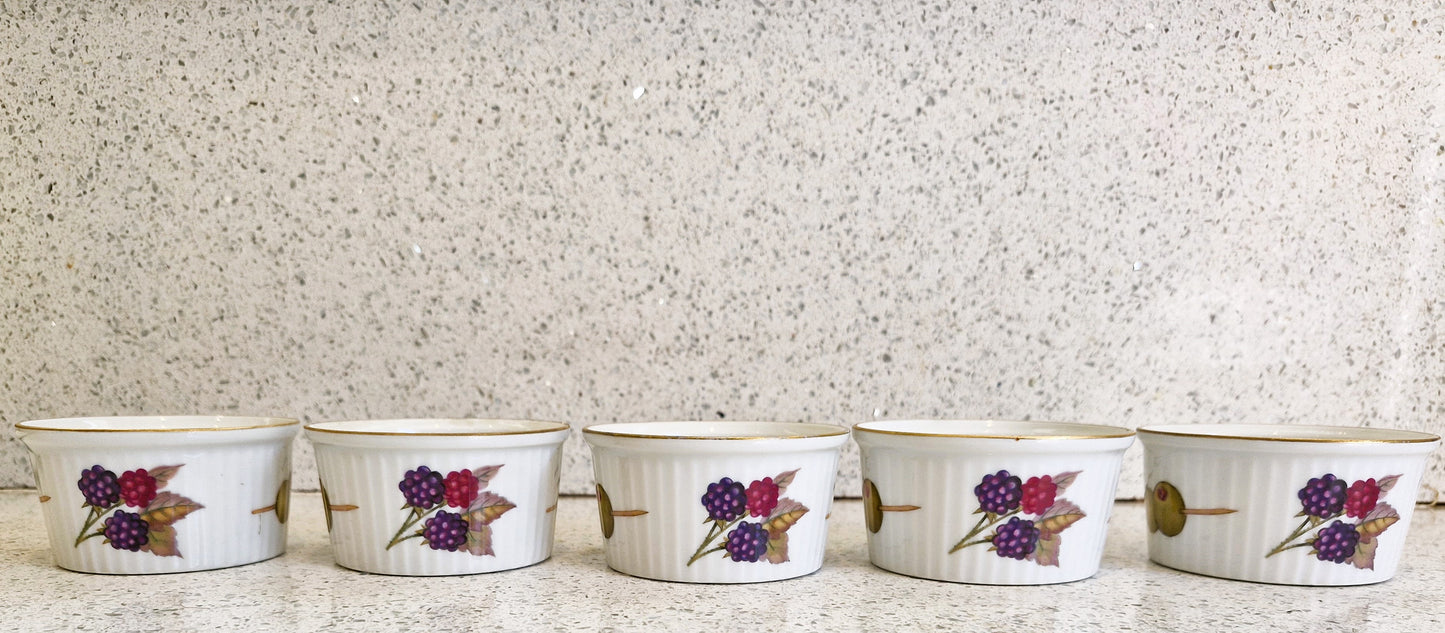 Royal Worcester Ramekins, Evesham, Gold, Berries, Olives, Gilt edged, Oven to table, Set of 5