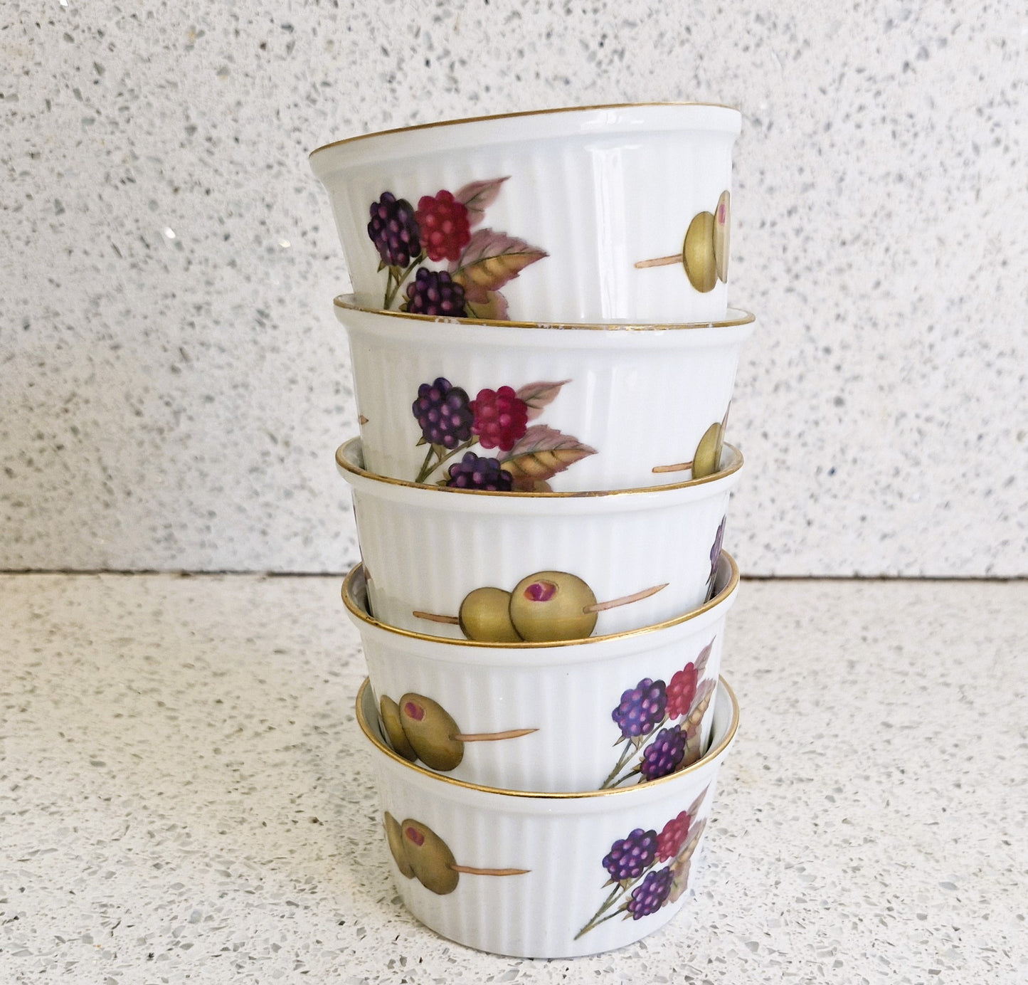Royal Worcester Ramekins, Evesham, Gold, Berries, Olives, Gilt edged, Oven to table, Set of 5