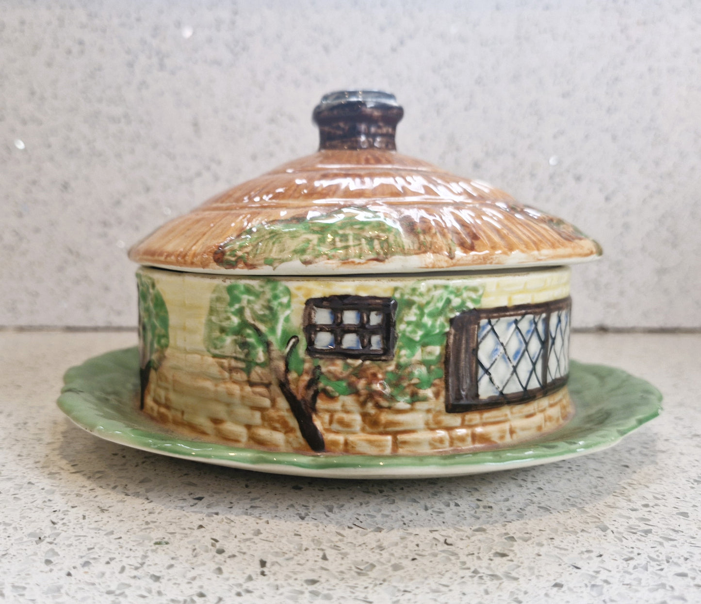 Round Cottage Shaped Cheese Dish, Cottage Ware Butter Dish, Vintage Cheese Dish, Hand painted
