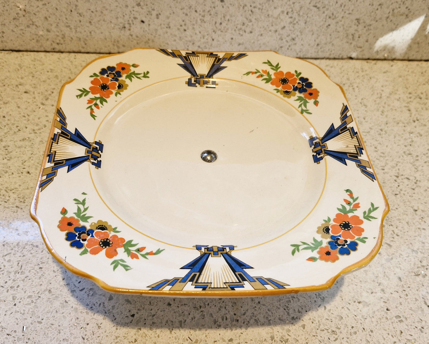 Vintage 1930s, Art Deco Hand Painted Cake Stand, Art Deco Cake Stand, Hand Painted Cake Plate, Sandwich Plate, Orange Flowers, 1930s, Made in England, Bone China