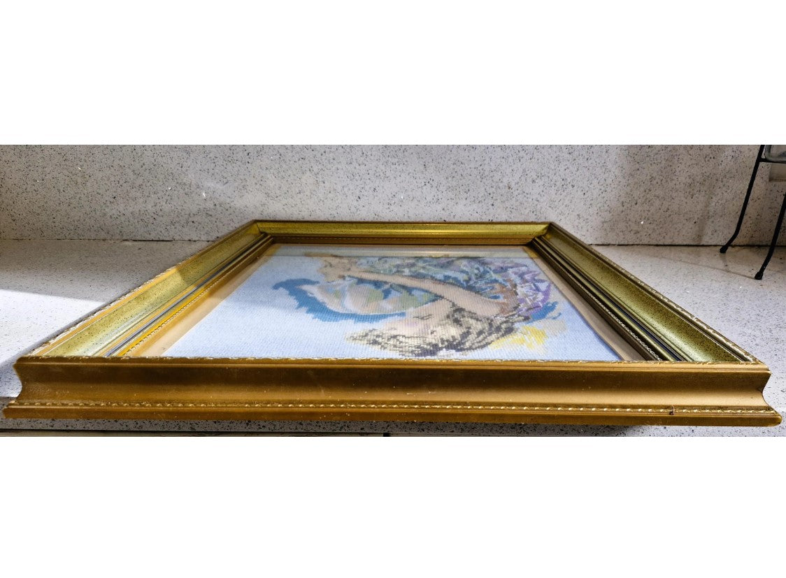 Vintage Kitsch Wall Art, 70s, 80s, Wall Art, Large Tapestry, Girl, 60 x 50cm, Framed, Romantic, Nymph, Large Gold Gilt Frame, Chunky