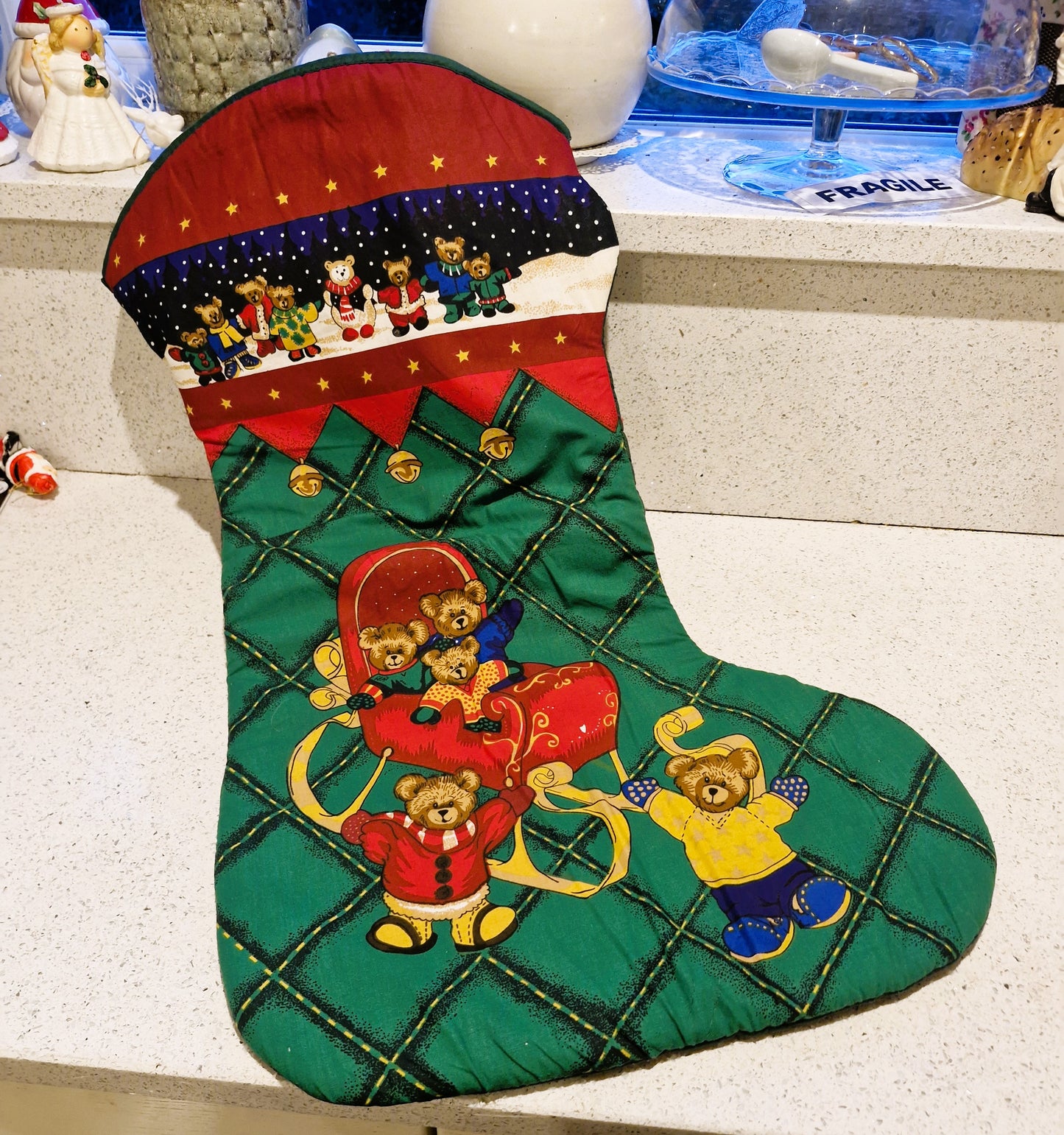 Large Christmas Stocking, Vintage Xmas Stocking, HUGE, Kitsch, Quirky, Teddy Bears, Teddy Bear, Bears, Quilted, 73cm Approx