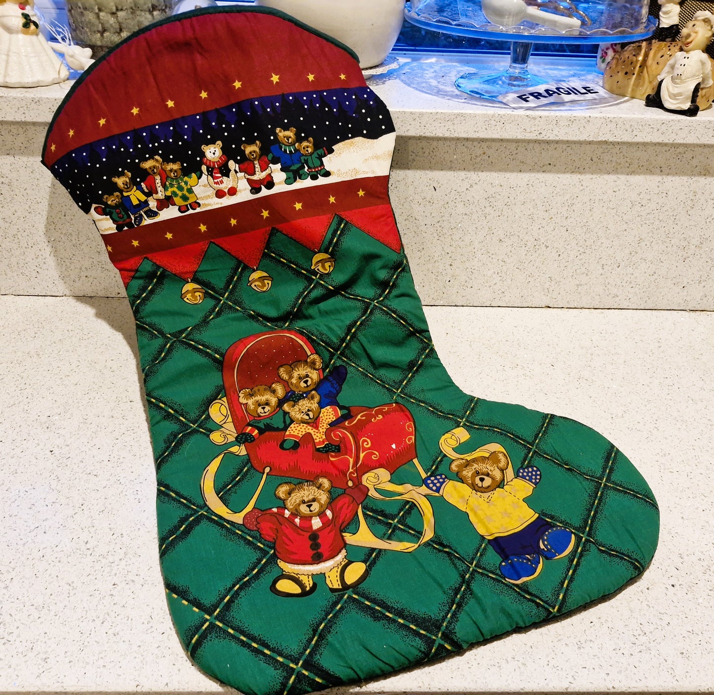 Large Christmas Stocking, Vintage Xmas Stocking, HUGE, Kitsch, Quirky, Teddy Bears, Teddy Bear, Bears, Quilted, 73cm Approx