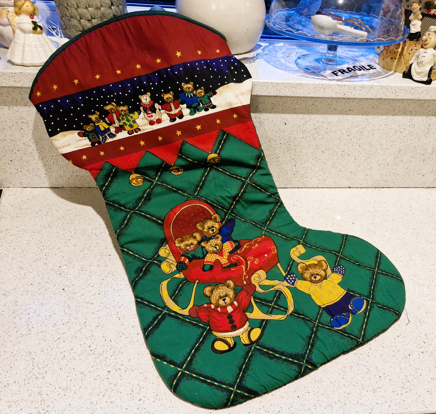 Large Christmas Stocking, Vintage Xmas Stocking, HUGE, Kitsch, Quirky, Teddy Bears, Teddy Bear, Bears, Quilted, 73cm Approx