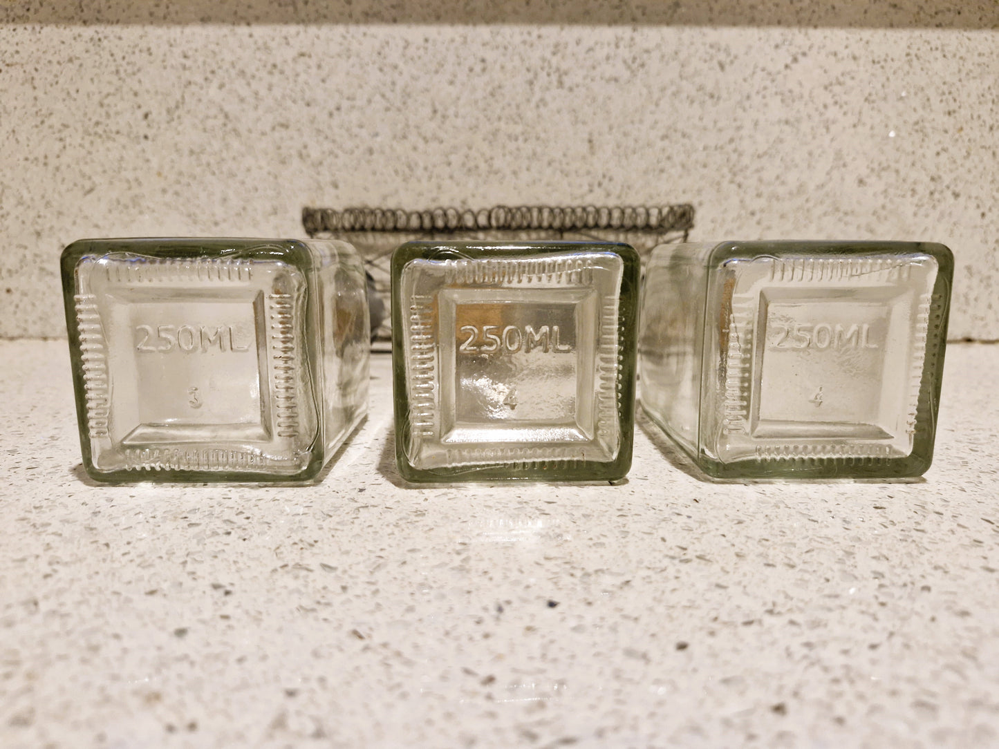 Vintage, French Bottles with Flower Cork Stoppers in a Wire Basket Holder, Mid century, Vintage Glass Bottles, set, Decanters, MCM