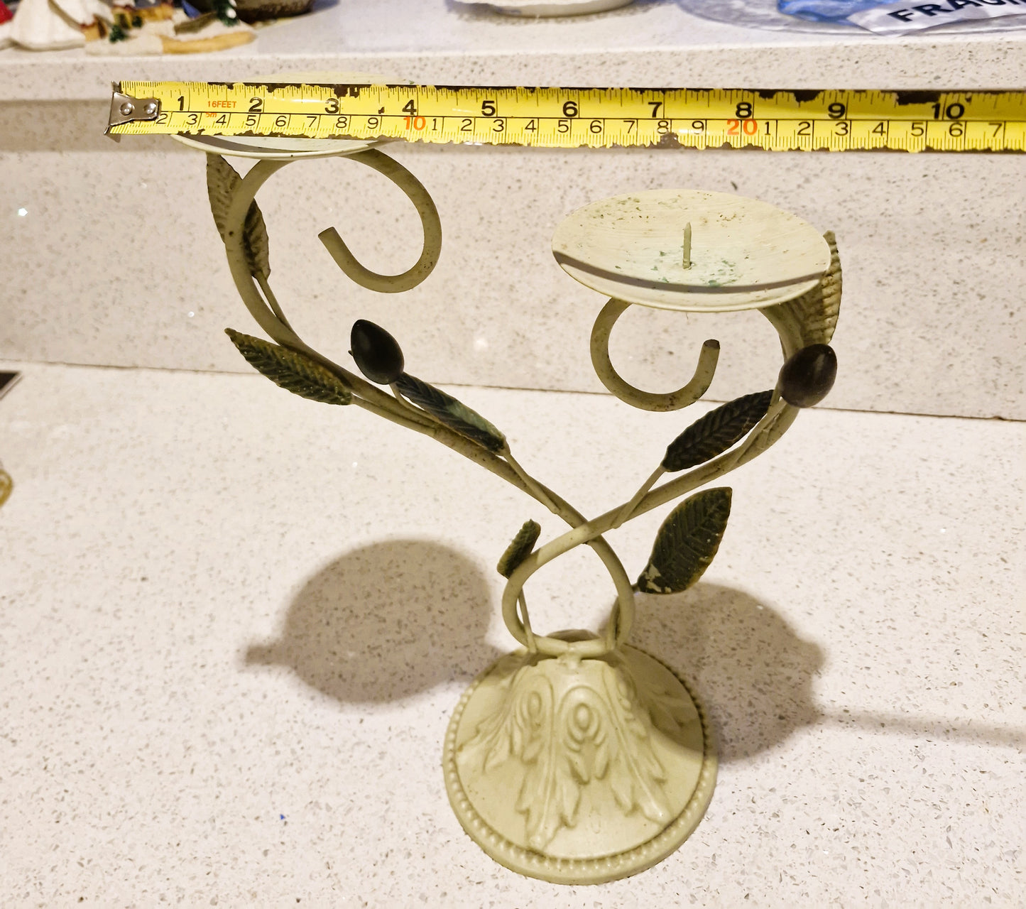 Vintage Italian, painted metal Candelabra, Italian Candlestick, Olives & Vines, 80s, 90s, Italian candelabra, Large Candle holder