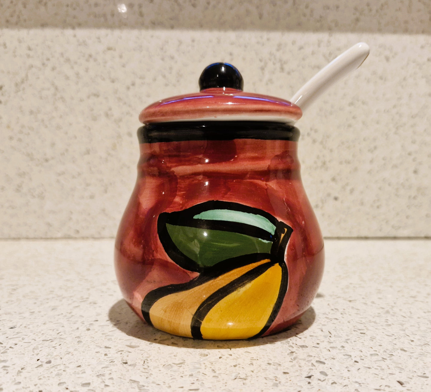 Hand Painted Jam pot, ceramic spoon, Lid, Lidded, Pears, Quirky, Kitsch, Jam, Chutney, Preserves, Fruit, ceramic, Hand Painted, Sugar Bowl