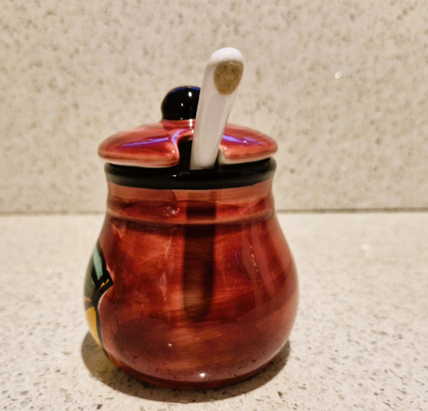 Hand Painted Jam pot, ceramic spoon, Lid, Lidded, Pears, Quirky, Kitsch, Jam, Chutney, Preserves, Fruit, ceramic, Hand Painted, Sugar Bowl