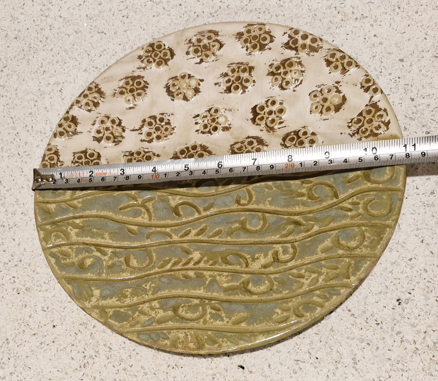 Vintage, Hand Painted, Sgraffito Plate, Handmade, Green, Brown, Unique, Clay Art, 11 Inch, Plate, platter