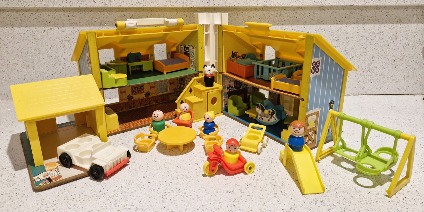 Vintage 70s Fisher Price Family House, Yellow House, Complete - Very Good condition, Lots of characters and Accessories - Inc 4 seater Car
