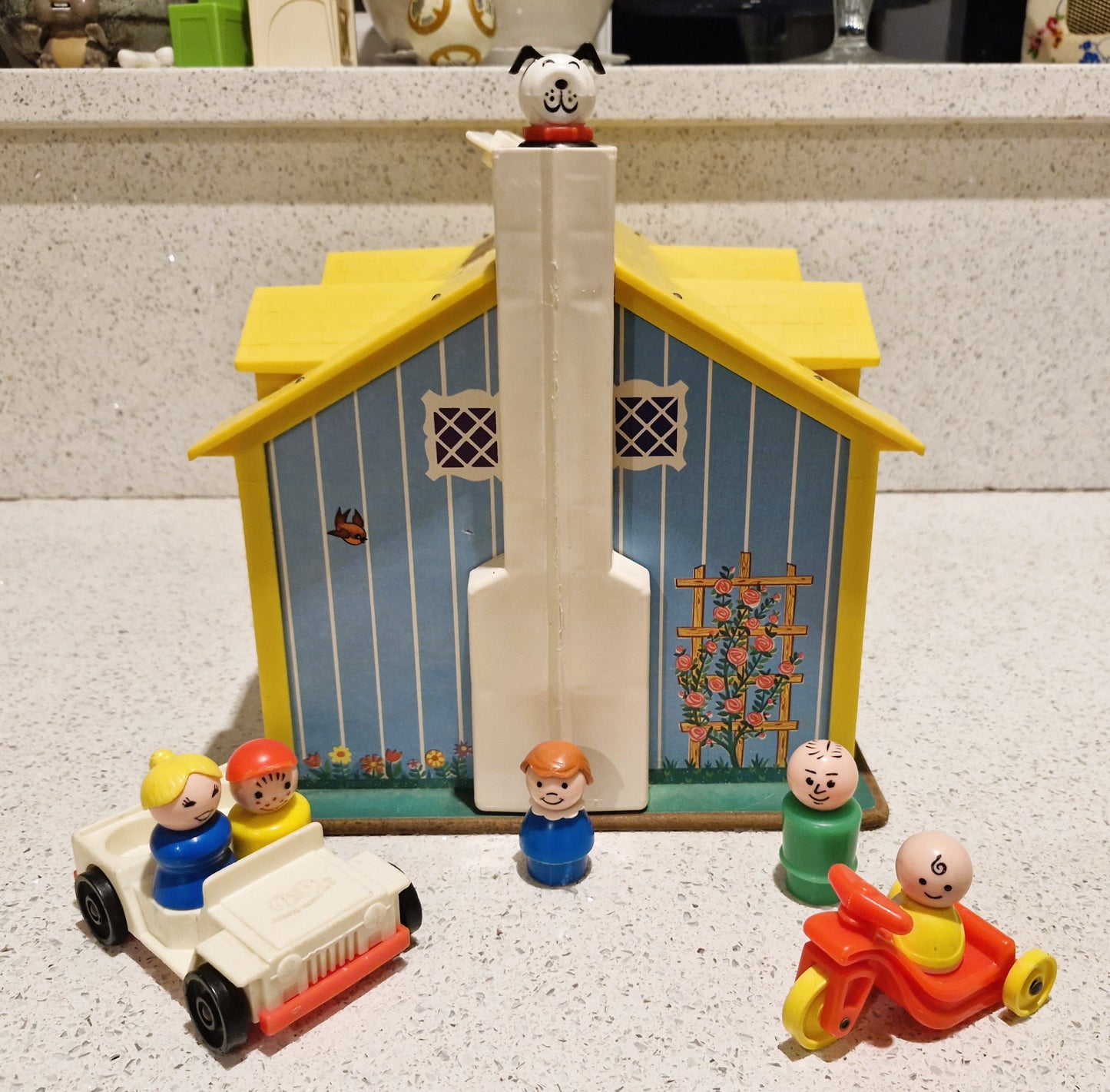 Vintage 70s Fisher Price Family House, Yellow House, Complete - Very Good condition, Lots of characters and Accessories - Inc 4 seater Car