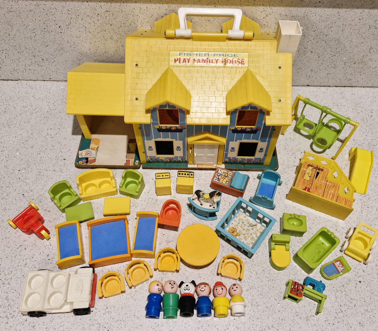 Vintage 70s Fisher Price Family House, Yellow House, Complete - Very Good condition, Lots of characters and Accessories - Inc 4 seater Car