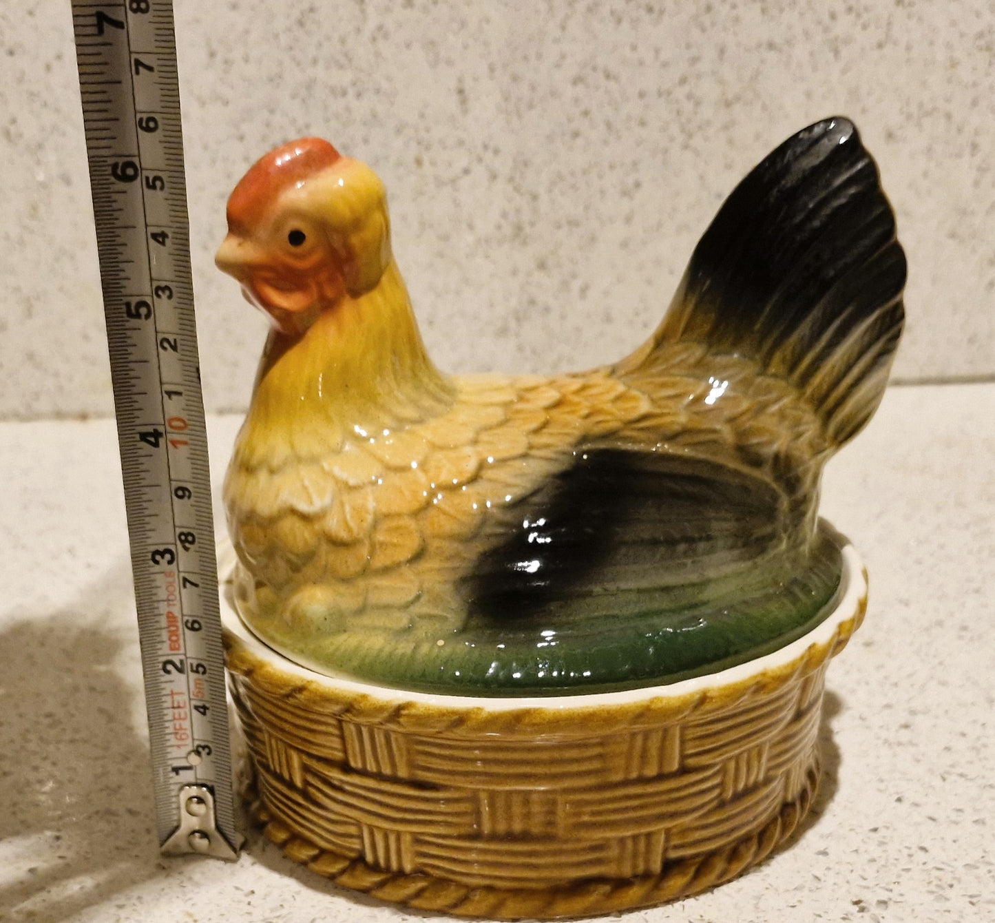 Vintage Majolica Chicken Tureen, Hen, Majolica Chicken Tureen, Majolica, Chicken Shaped, casserole, Pie Dish, Round, 6.5 Inches