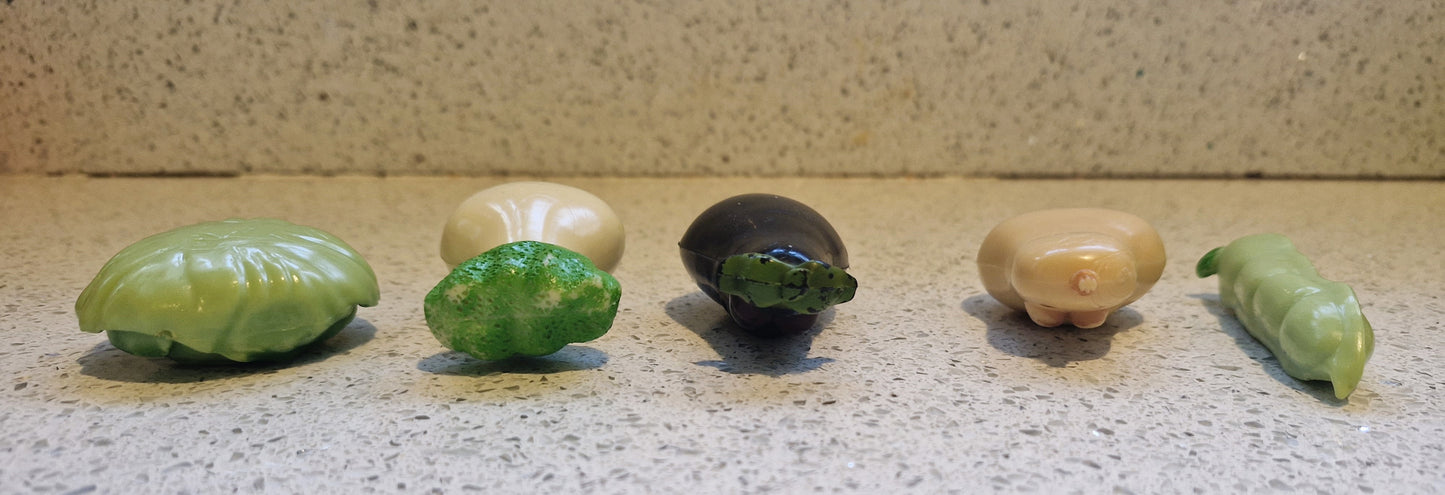Anthropomorphic Vegetables, Veggietales, Eggplant, Aubergine,Peas, Butternut Squash, Cabbage, Lettuce, Cerariac, RARE