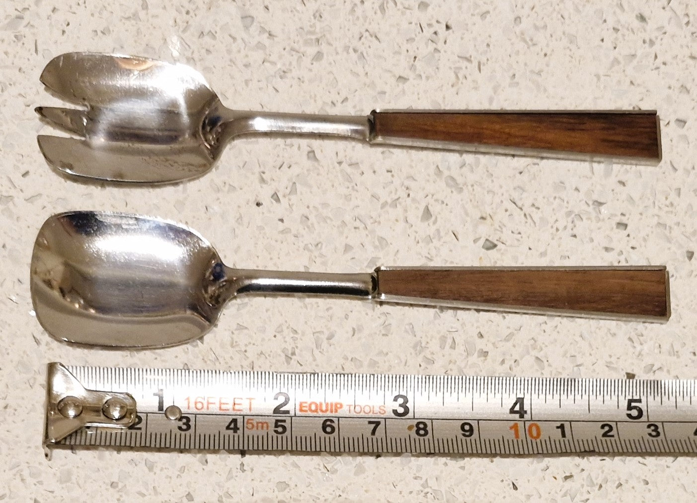 Wood Handle Stainless steel Serving Spoon and Fork, MCM, Mid century Dining, Hors D'Oeuvre Server Set, Boxed, Scandi