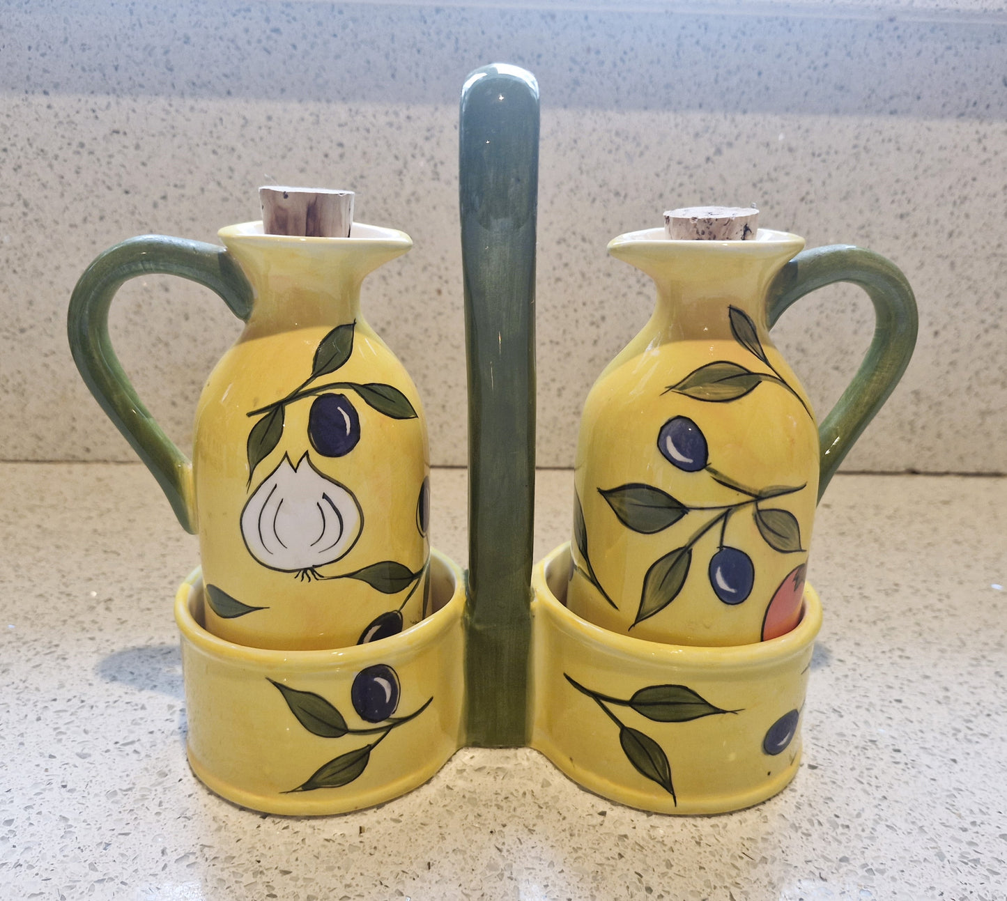 Olivio by Rayware, Vintage, Vinaigrette, Olive Oil, Vinegar, Bottles, Ceramic, Yellow, Olives, Garlic, Mediterranean, al Fresco Dining